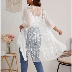 White Lace Duster Cardigan Kimono Sz L Floral Back Open Front Angelcore Bohemian